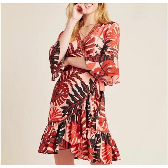 Farm Rio NWOT Bruxelles Dress Ruffles Wrapped Mini Orange Brown Size Medium - Picture 1 of 12